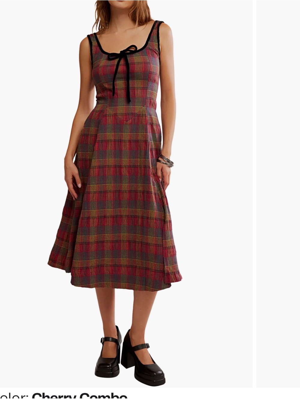 Free People Cherry Plaid Midi Dress with Black Trim